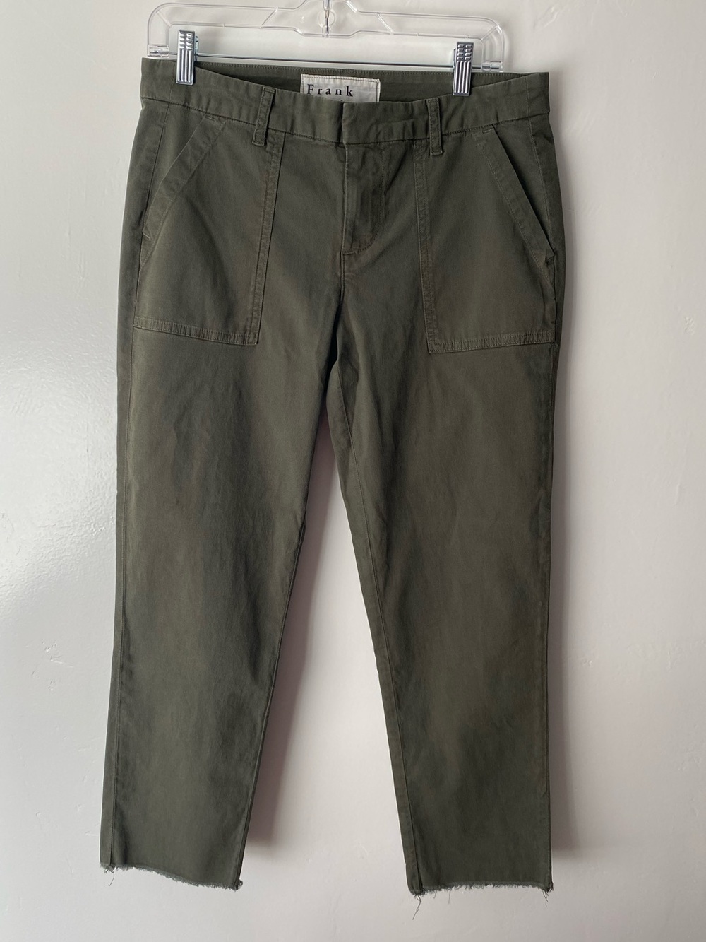 Frank & Eileen Blackrock Utility Pant Army Green Italian Twill Raw Hem Size 8